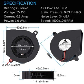 GDSTIME 5V USB Blower Fan 60mm, 60mm x 60mm x 15mm Brushless DC Cooling Blower Fan