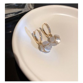 DIAMANTIO 18K Gold Plated Hoop Drop Earrings with Frosted Bead Charm – Elegant CZ Crystal-Studded Huggie Hoops with White Sphere Pendant for Women