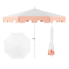 JONATHAN Y UMB1000C Baiona 9 ft. Classic MidCentury Market Patio Umbrella with UV Protection, Auto-Tilt, Crank and Wind Vent in White/Coral Pink