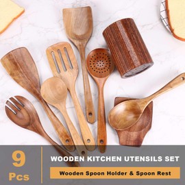 FutureHight 9 Pieces Wooden Spoons for Cooking, Wooden Utensils for Cooking with Utensil Holder, Kitchen Utensil Set Made of Teak Wood