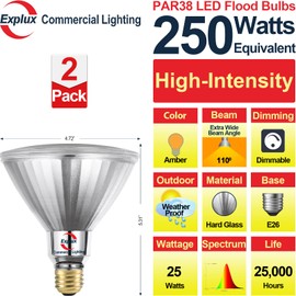 Explux Super-Intensity 250W Equivalent LED PAR38 Outdoor Flood Amber Light Bulbs, Full Glass Weatherproof & Anti-Ageing, Dimmable, Amber Color, 2-Pack