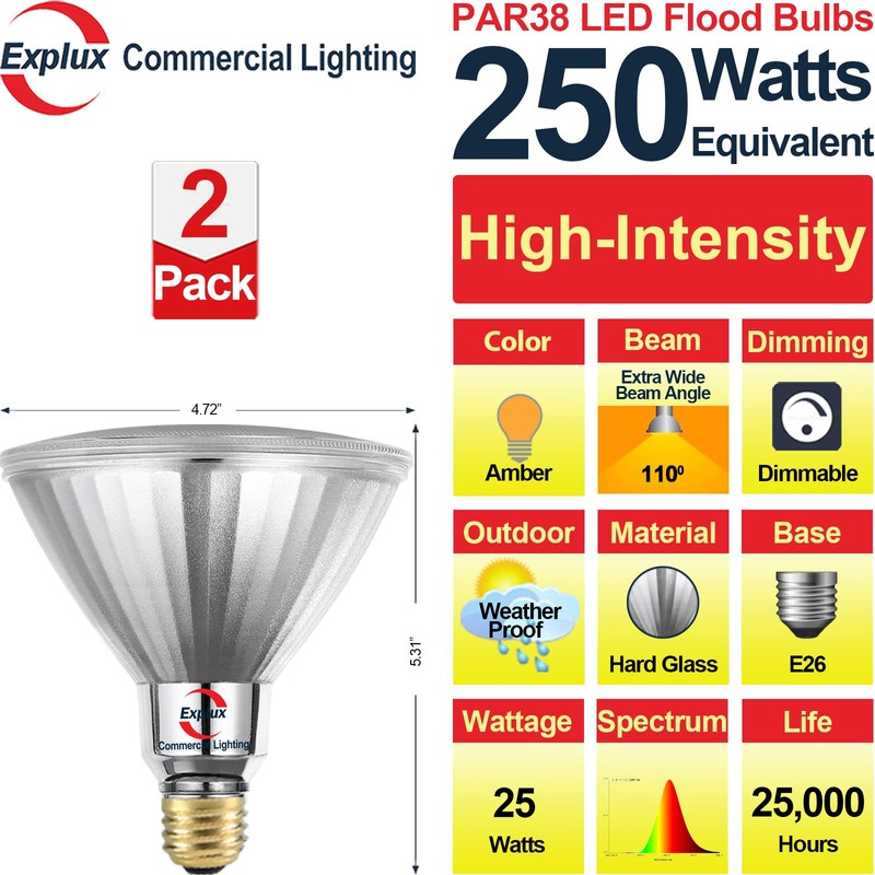 Explux Super-Intensity 250W Equivalent LED PAR38 Outdoor Flood Amber Light