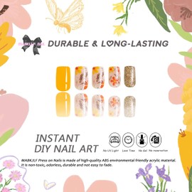 Press on Nails Medium Square MABKJLF Fall Fake Nails Golden Glitter False Nails with Flower Designs Orange & Yellow Glossy Glue on Nails Acrylic Nails Stick on Nails for Women Girls 24 Pcs