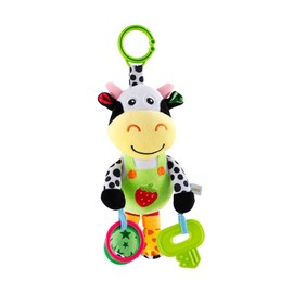 Interactive 3D Teethers Musical Baby Toy-Plush Stroller Hanging Doll for Infant Babies Stuffed Animal Activity Soft Toys with Multi-Sensory Crinkle, Rattle & Textures for Tummy Time 0-3 Years Cow