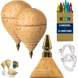 AF® Wooden Spinning Top Set with Spinning Tops for Kids + Colouring Pencils for Kids, Personalise Your Wooden Trompo (2 Minis and 6 Crayons)