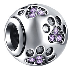 Jan-Dec Birthstone Paw Print Charms Fit European Bracelet, 925 Sterling Silver Pet Cat Dog Paw Print Heart Footprint Beads with Crystal Like Football Ball, Gifts for Women/Men, Sterling Silver