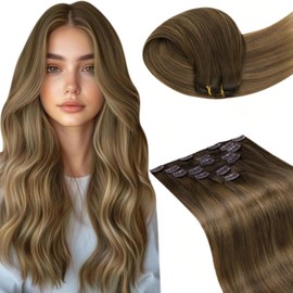 LaaVoo Real Hair Extensions, 45 cm, Balayage Brown, Clip-In Real Hair Extensions, Remy Human Hair, Medium Brown, Ombre Light Brown, Blonde Hair Extensions, Real Hair Clips, 105 g, 7 Pieces, #6/8/14