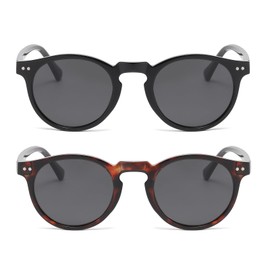 YAMEIZE Vintage Polarised Small Round Sunglasses - for Women Men Classic Style Round Glasses UV400 Protection Outdoor Driving, Black and leopard print