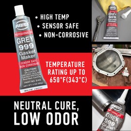 ABRO 999 RTV Silicone Sealant and Gasket Maker - 650 Degrees F, OEM Specified, Sensor Safe, Non-Corrosive, High Temp Silicone Sealant/Head Gasket Sealant Neutral Cure, Low Odor, 3 oz. Tube - Grey