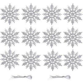 10CM Hanging Glitter Snowflake Decorations, 12 Pieces Snowflake Hanging Ornaments Glitter Snowflake for Christmas Tree, Xmas Home Décor, Christmas Party Supplies, Silver