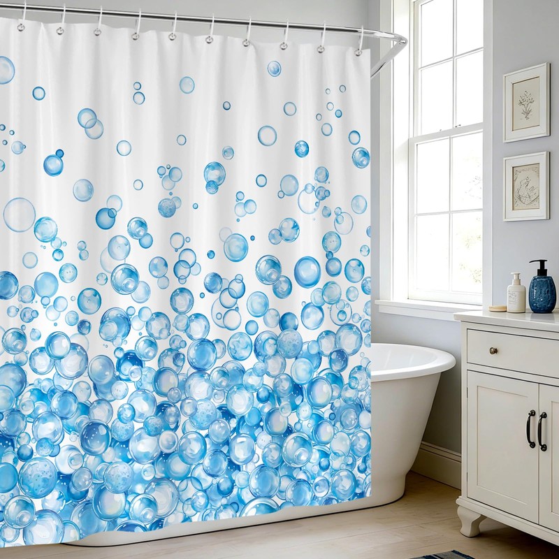 Modern Blue Ombre Bubble Shower Curtain with 12 Hooks 72X72Inch