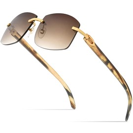 HEPIDEM 100% Really Buffalo Horn Sunglasses for Men Rimless Square Sun Glasses 4189705 (Colorful Frame Tea Lens)