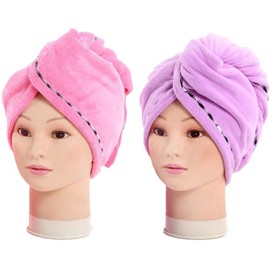 2 Pack Fast Hair Drying Towels Microfiber Ultra Absorbent Hair Turban Quick Dry Cap, Long Hair Wrap Bath Shower Head Towel 10inch X 25inch Pink & Purple