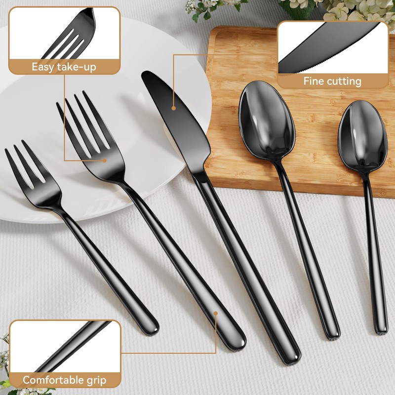 Oval Black 20-Piece Silverware Set, Forged Stainless Steel Flatware Set