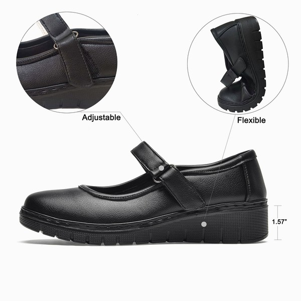 VJH Comfort - Zapatos planos Mary Jane para mujer, transpirables, cómodos, con punta redonda, tacón bajo, ligeros, para caminar, Negro -, 11