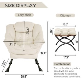 LITA Lazy Chair with Ottoman, Modern Accent Leisure Upholstered Sofa Chair, Contemporary Lounge Reading Chair with Armrests and a Side Pocket for Living Room, Bedroom & Small Space, Beige