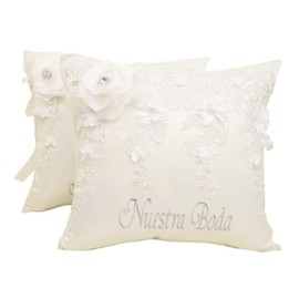 Set of 2 Ivory Wedding Kneeling Pillows with Filler, Embroidered Nuestra Boda Kneeling Pillows, Satin and Lace Plush Pillow