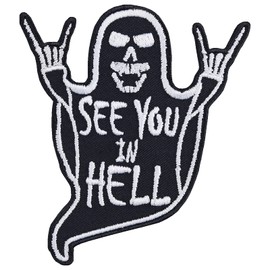 Rocker Sew-On "See You in Hell" Iron-On Patch Skull Heavy Metal Patch for Sewing/Ironing Jeans Patch Biker Iron-On Patch Applique for All Fabrics 80 x 90 mm