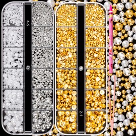2 Box Gold Nail Charms and Gems + ChromeSilve & White Nail Pearls Rhinestones Kit, Flatback Pearl Nail Charms Chrome Gold Beads for Nails Jewels W/Pickup Tools for Nail Art Decorations Crafting