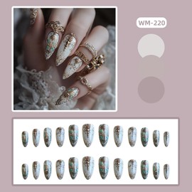 EYZOTSF Press on Almond Nails Medium Length Glossy Full Cover Acrylic French Almond Shaped False Nails with Designs Artificial Fake Nail with Charms Glue Stick ons Fingernails for Women Girls(WM220)