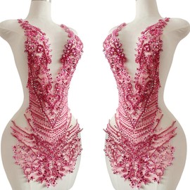 Handmade Rhinestones Bodice Applique sew on Beads Trim Patches Trim Accessories for Wedding Dress Shiny Decorative lace Patch (Pink)