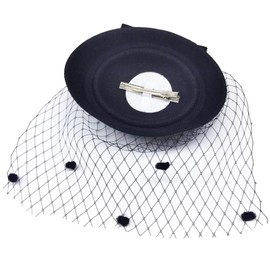 Women Vintage Pillbox Hat Bowknot Veil Hat Side Clip Fascinator Hat Party Headdress Black