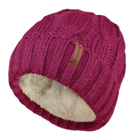 TOSKATOK Ladies Chunky Soft Cable Knit Hat with Cosy Fleece Liner and Detachable Faux Fur Pompom-Morello