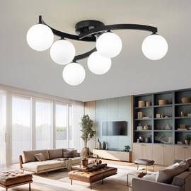 Wumydumy Mid Century Glass Globe Semi Flush Mount Ceiling Light Fixture,Modern 6 Light Sputnik Black Metal Chandelier for Dining Room Bedroom Kitchen Living Room Office Lighting