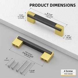 Rergy 10 Pack Adjustable Cabinet Pulls Black and Gold, 3 and 3 3/4 inch Hole Spacing Cabinets Handles, 2 Tone Dresser and Drawer Pull, Square Kitchen Hardware
