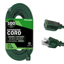 Thonapa Weatherproof Outdoor Extension Cord 100 ft, 16/3 SJTW 100ft Green Extension Cord 3 Prong, Long Exterior Extension Cord for Outdoor Lights & Landscaping, UL Certified - US Veteran Owned