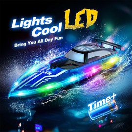 JOI MEW RC Boat for Kids with LED Lights, 2.4Ghz Remote Control Racing Boats for Ages 8-12,Toy Water Boat for Pools & Lakes with Waterproof,Rechargeable Battery, for Boys Girls Blue
