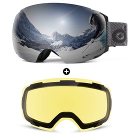 Odoland Magnetic Interchangeable Ski Goggles with 2 Lens, Large Spherical Frameless Snow Snowboard Goggles for Men Women, Black Frame Sliver Lens VLT 10%