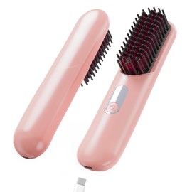 Cordless Hair Straightener Brush - Rizzrosa Portable Hot Comb for Travel, Mini Hair Straightener for Women, 4 Temperature Settings, Ideal for Camping, Office, Parties(Pink)