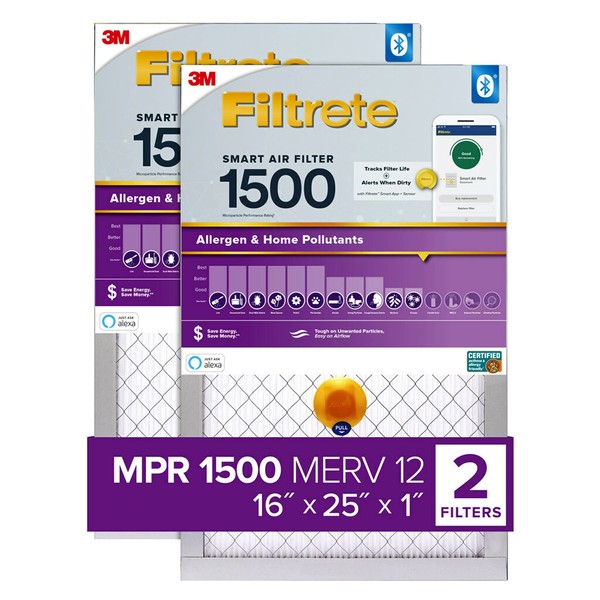 Filtrete 16x25x1 Smart Air Filter, MPR 1500 MERV 12, 1-Inch Allergen, Bacteria and Virus Air Filters for ACs and Furnaces, 2 Filters