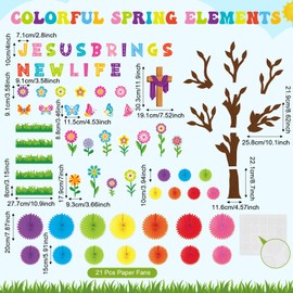 Gersoniel 76 Pcs Christian Spring Classroom Bulletin Board Set 3D DIY Paper Fans Flower Tree Bulletin Board Jesus Brings New Life Cutouts Religious Cross Wall Decor for Spring Easter VBS Sunday School