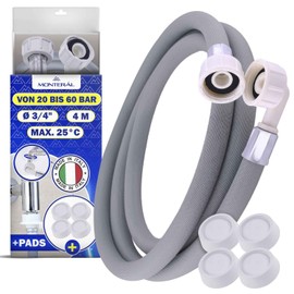 Inlet Hose Washing Machine and Dishwasher 4 m 25°C from 20 to 60 Bar Connection Diameter 3/4 Inch Water Hose Complete with 4 Vibration Dampers Washing Machine Made in Italy MONTERAL