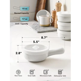 LE TAUCI Soup Bowls with Handles and Silicone Lids, 15 Oz French Onion Soup Crocks, Non-Toxic Ceramic Soup Bowls for Noodles, Stew, Cereal and Chilli, Oven Microwave Dishwasher Safe, Set of 4, White