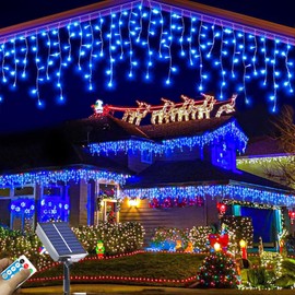 Upgraded Solar Christmas Lights,304 Blue LED Outdoor Christmas Decorations 8 Modes Waterproof Solar Powered String Lights for Patio Yard Garden Wedding Party House Xmas Tree Roof Decorations