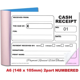 Cherry Carbonless NCR Cash Receipt Book Duplicate A6 50 Sets Numbered 1-50 Perfect for The Self Employed and Taxis **2 Pack**