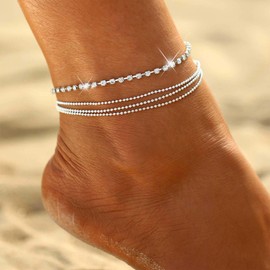 TseenYi Boho Layered Rhinestone Anklet Silver Diamond Crystal Ankle Bracelet Summer Wedding Foot Chain Jewelry for Women and Girls Gifts