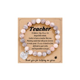 HUASAI Teacher Appreciation Bracelet Gifts for Women Apple Charm Appreciation Bracelet Pink Zebra Beaded Bracelet Healing Crystal Beaded Bracelets Graduation Gifts for Teacher(Pink)