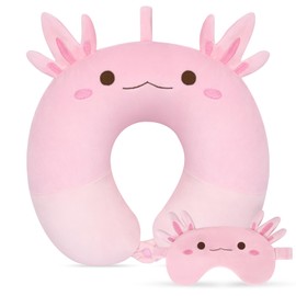 JEROKUMI Kids Travel Pillow, Kid Neck Pillows with Eye Mask Cute Axolotl U Shaped Neck Pillow, Neck Support Travel Pillow for Road Trip, Airplane, Travel Pillow for Kids & Adults