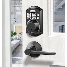 TEEHO TE001L Keyless Entry Door Lock with 2 Handles - Electronic Keypad Deadbolt with Door Lever, Front Door Handle Sets, Auto Lock, Easy Installation, Matte Black