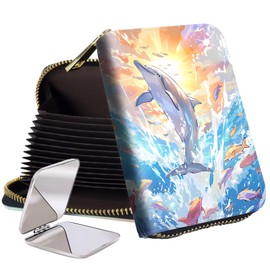 Tudguiloae Credit Card Holder Wallet for Women, Card Wallet with Zipper Design and Double-Sided Mirror, Rfid Wallet Women Fashionable and Convenient, Gifts for Friends (Dolphion in The Ocean)