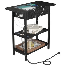 Yusong Narrow End Table with Charging Station, Slim Couch Side Table with USB Port & Outlet, Flip-top Nightstand Bedside Table with 3 Shelves for Small Space in Living Room Bedroom,Black