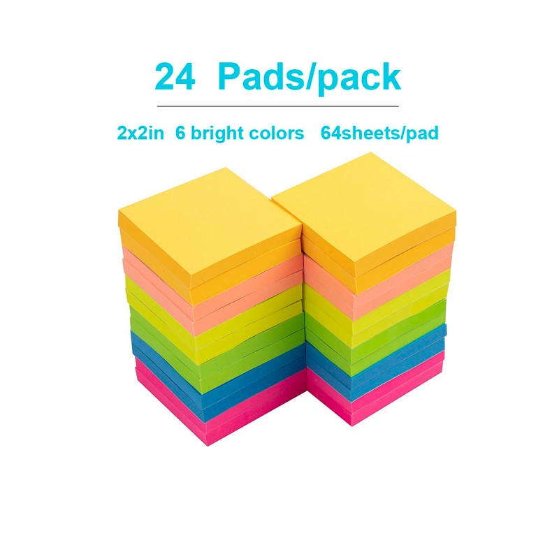 (24 Pack) Sticky Notes 2x2 in（50X50mm）,6 Colors Post Self Stick