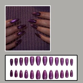 24 Pcs Dark Purple Press on Nails Short Almond - MINGCHUN Autumn Cat's Eye Fake Nails Press ons Nail Tips Glue on Nails with Glitter Design Full Cover False Nails Glue on Nails Nail Art Kit for Women