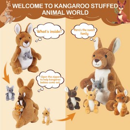 5 PCS Kangaroo Stuffed Animal, 16 Inches Mommy Stuffed Kangaroo Plush with 4 Babies Insides, Kangaroos Plushies with Pouch and Joey Plush Toys in Zipper for Kids Birthday Gift Christmas Party Favors