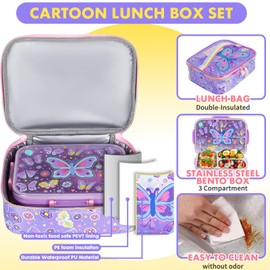 YOYTOO Kids Lunch Box Set with 800ml Stainless Steel Bento Box and Insulated Lunch Bag, BPA-Free Leak-Proof Lunch Containers with 3 Compartment, Size for Ages 3-7 Back to School Students