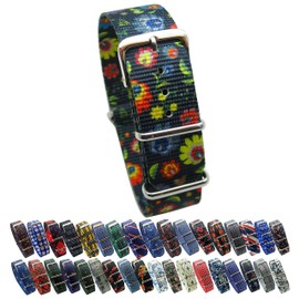 HNS Watch Bands - Choice of Pattern & Width (18mm, 20mm, 22mm) - Ballistic Premium Nylon Watch Straps (20mm, Flowers-BK)